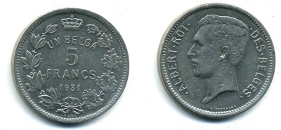 БЕЛЬГИЯ 5 ФРАНКОВ 1931 АЛЬБЕРТ 41-511