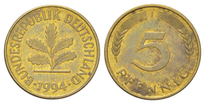 Германия 5 пфеннигов 1994 J KM 107 сталь плакированная латунью 4625-422