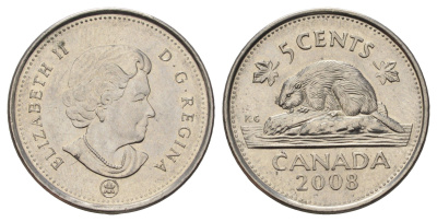 Канада 5 центов 2008 Leaf, Елизавета II (1952-2022), бобр KM 491 сталь плакированная никелем UNC 4689-512