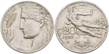 ИТАЛИЯ 20 ЧЕНТЕЗИМО 1922 R, ВИКТОР ЭММАНУИЛ III (1900-1946) KM 44, VEM3. 1010 никель 3853-241