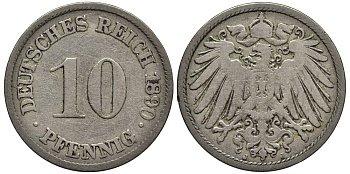 ГЕРМАНИЯ 10 ПФЕННИГОВ 1890 J KM 12, Jager 13, Weege 8 медно-никель 4543-1013