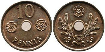 ФИНЛЯНДИЯ 10 ПЕННИ 1943 KM 33.1 медь UNC 4387-442