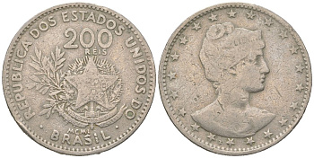 Бразилия 200 реалов 1901 MCMI, голова свободы вправо KM 504 медно-никель 4612-413