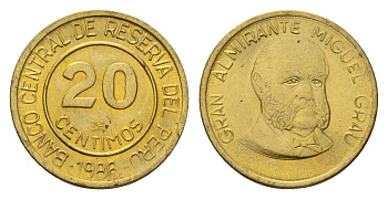 Перу 20 сентимо 1986 Мигель Грау Семинарио KM 294 латунь UNC 4615-127