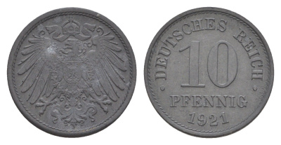 Германия 10 пфеннигов 1921 KM 26, J. 299 цинк 4640-344