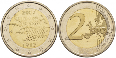 Финляндия 2 евро 2007 90 лет независимости KM 139 биметалл BUNC 1094-6-11