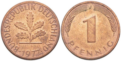 ФРГ 1 ПФЕННИГ 1977 J KM 105, J. 380 сталь плакированная медью 116-369