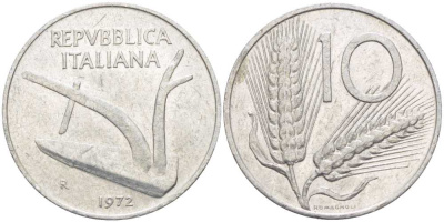 ИТАЛИЯ 10 ЛИР 1972 R, ПЛУГ, КОЛОСЬЯ KM 93 алюминий 175-421