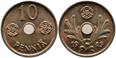ФИНЛЯНДИЯ 10 ПЕННИ 1943 KM 33.1 медь UNC 4387-442