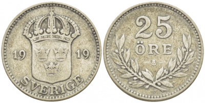 Швеция 25 эре 1919 W, Густав V (1907-1950) KM 785 серебро 3309-912