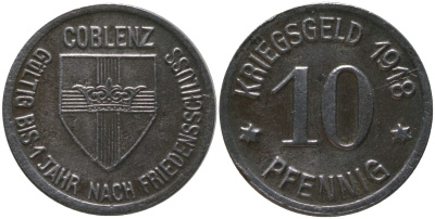 Кобленц (Пруссия, Рейн) 10 пфенингов 1918 Funck 80.1A, Men05 4526.1, Men18 5727.1 железо 4175-521