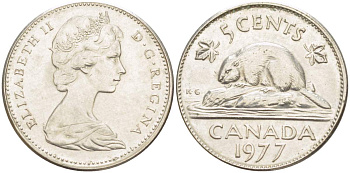 Канада 5 центов 1977 Елизавета II (1952-2022), бобр KM 60.1 никель 4516-1257