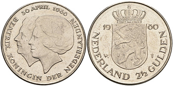 Нидерланды 2 1/2 гульдена 1980 коронация Беатрикс, 30 апреля 1980 KM 201 никель 88-1121