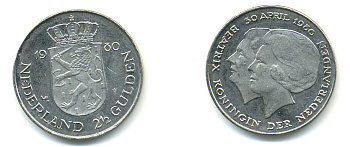 Нидерланды 2 1/2 гульдена 1980 коронация Беатрикс, 30 апреля 1980 KM 201 никель 83-642