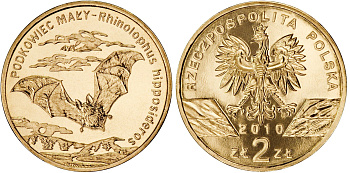 Польша 2 злотых 2010 MW, серия всемирная природа, подковоносная летучая мышь KM 723 нордик UNC 4448-1054