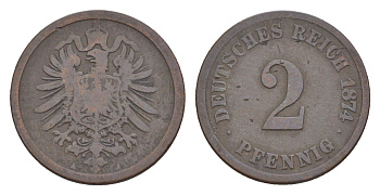 Германия 2 пфеннига 1874 A, Вильгельм I (1871-1888) KM 2, J. 2, Weege 3 медь 4639-1155