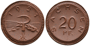 Саксония 20 пфеннигов 1921 колосья и серп J. N 53 фарфор UNC 1094-8-84