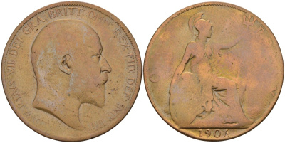 Великобритания 1 пенни 1906 Эдуард VII (1901-1910) KM 794.2, Sp 3990 бронза 115-1044