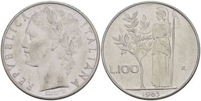 ИТАЛИЯ 100 ЛИР 1963 R, АФИНА KM 96.1 сталь 32-1233