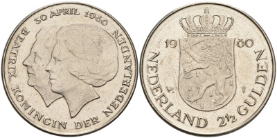 Нидерланды 2 1/2 гульдена 1980 коронация Беатрикс, 30 апреля 1980 KM 201 никель 88-1121