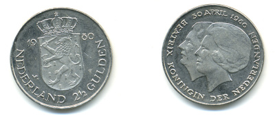 Нидерланды 2 1/2 гульдена 1980 коронация Беатрикс, 30 апреля 1980 KM 201 никель 83-642