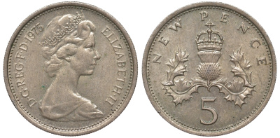 Великобритания 5 пенсов 1975 Елизавета II (1952-2022) KM 911, Spink 4233 (D1) медно-никель 4543-557