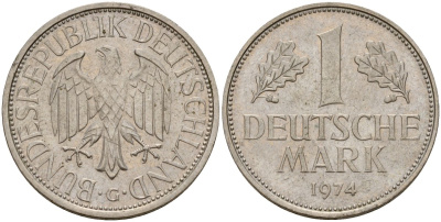 ФРГ 1 марка 1974 G KM 110, J. 385 медно-никель 4159-1133