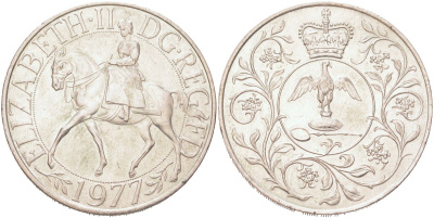 Великобритания 25 пенсов 1977 5 лет со дня коронации Елизаветы, Елизавета II (1952-2022) KM 894, Spink 4136 медно-никель aUNC 118-1135