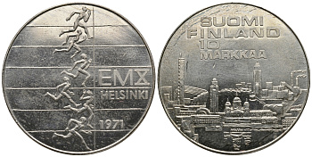 Финляндия 10 марок 1971 S-H, X Чемпионат Европы по легкой атлетике KM 52 серебро 1525-1011