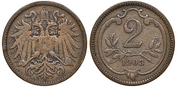 Австрия 2 геллера 1903 Франц Иосиф (1846-1918) KM 2801 бронза 4174-147