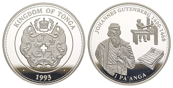 Тонга 1 паанга 1993 Иоганн Гутенберг KM 152 серебро PROOF 1091-7-32