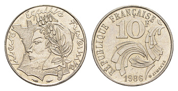 Франция 10 франков 1986 Свобода, Равенство, Братство KM 959 никель UNC 4636-257