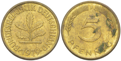 ФРГ 5 ПФЕННИГОВ 1979 F KM 107, J. 382 сталь плакированная латунью 4181-962