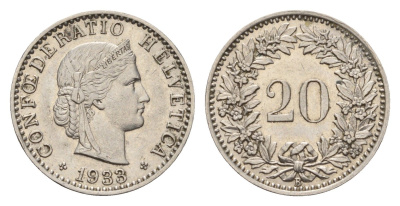 Швейцария 20 раппенов 1933 B KM 29 никель 4124-441