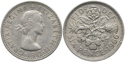 Великобритания 6 пенсов 1966 Елизавета II (1952-2022) KM 903, Spink 4149 медно-никель 4567-721