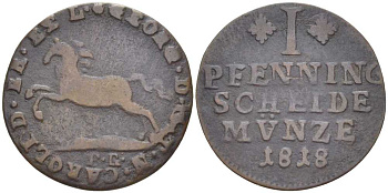 БРАУНШВЕЙГ-ВОЛЬФЕНБЮТТЕЛЬ 1 ПФЕННИГ 1818 FR, КАРЛ II (ГЕОРГ III КОРОЛЬ БРИТАНИИ) (1815-1820) KM 1068 медь 210-136