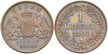 Баден 1 крейцер 1864 Великий Герцог Фридрих I (1856-1907) КМ 242 медь 117-833