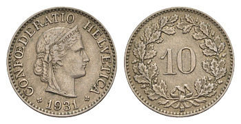 Швейцария 10 раппенов 1931 B KM 27 медно-никель 4609-422