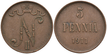 Россия для Финляндии 5 пенни 1911 Николай II (1894-1917) KM 15, Биткин 451 медь 85-316