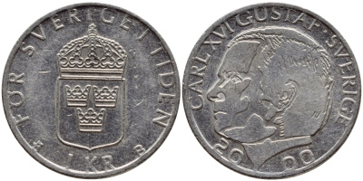 Швеция 1 крона 2000 Карл XVI Густав (1973- ) KM 852а медно-никель 4364-2345