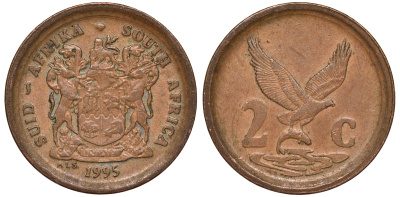 ЮАР 2 цента 1995 орел с рыбой KM 133 сталь плакированная медью 4164-535