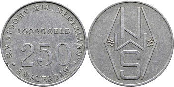 Нидерланды жетон 250 центов XX век BOORDGELD - корабельные деньги, использовались на кораблях при вывозе эмигрантов, для предотвращения вывоза валюты  алюминий    118-535