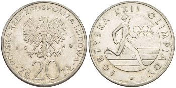 Польша 20 злотых 1980 MW, XXII летние Олимпийские Игры, Москва 1980, бегун KM 108, Parchimowicz 252 медно-никель 4542-1133