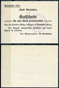 Германия, Динслакен 1 марка 1914 нотгельд Diessner 83.1.c бумага UNC (пресс) 444-98-2-1