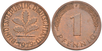 ФРГ 1 пфенниг 1979 F KM 105, J.380 сталь плакированная медью 187-857