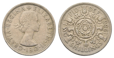 Великобритания 2 шиллинга (флорин) 1966 Елизавета II (1952-2022) KM 906, Spink 4146 медно-никель 4663-324