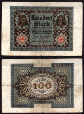 Германия 100 марок 1921 Веймар,7 цифр в номере, A, «Бамбергский всадник» из оперы «Купол Бамберга». Pick 69 a бумага 6289-14-2-2