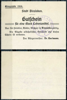 Германия, Динслакен 1 марка 1914 нотгельд Diessner 83.1.c бумага UNC (пресс) 444-98-2-1