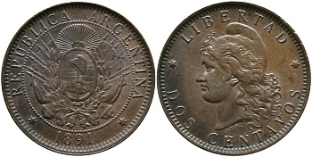 Аргентина 2 сентаво 1891 голова свободы влево KM 8 бронза 4531-1113