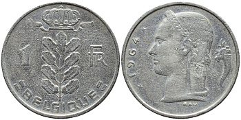 БЕЛЬГИЯ 1 ФРАНК 1964 BELGIQUE KM 142.1 медно-никель 4388-646